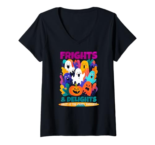 Damen Frights and Delights Await at The Party Tonight T-Shirt mit V-Ausschnitt Damen Frights and Delights Await at The Party Tonight T-Shirt mit V-Ausschnitt von Spooky Night Party Frights Delights Await Tonight