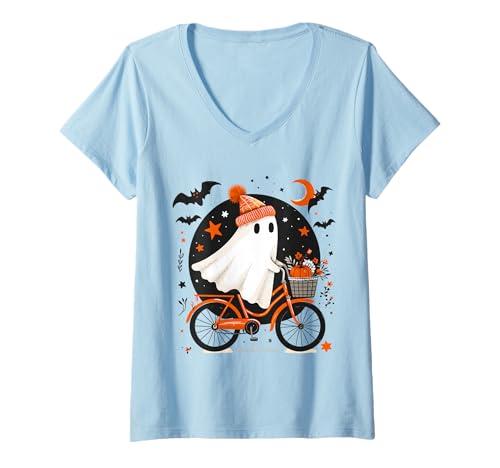 Damen Geist Fahrrad Kürbis Halloween Nacht T-Shirt mit V-Ausschnitt Damen Geist Fahrrad Kürbis Halloween Nacht T-Shirt mit V-Ausschnitt von Spooky Night Ride