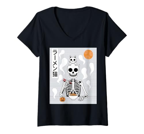 Damen Ramen Katze Skelett Halloween Japanische Nudeln Lustig Niedlich T-Shirt mit V-Ausschnitt Damen Ramen Katze Skelett Halloween Japanische Nudeln Lustig Niedlich T-Shirt mit V-Ausschnitt von Spooky Noodle Bowl Cat Skull Anime Ramen Japan