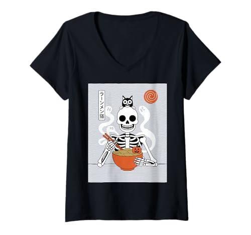 Damen Ramen Katze Skelett Halloween Japanische Nudeln Lustig Niedlich T-Shirt mit V-Ausschnitt Damen Ramen Katze Skelett Halloween Japanische Nudeln Lustig Niedlich T-Shirt mit V-Ausschnitt von Spooky Noodle Bowl Cat Skull Anime Ramen Japan