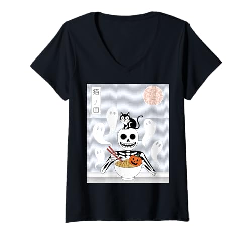Damen Ramen Katze Skelett Halloween Japanische Nudeln Lustig Niedlich T-Shirt mit V-Ausschnitt Damen Ramen Katze Skelett Halloween Japanische Nudeln Lustig Niedlich T-Shirt mit V-Ausschnitt von Spooky Noodle Bowl Cat Skull Anime Ramen Japan