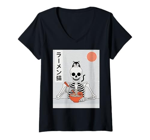 Damen Ramen Katze Skelett Halloween Japanische Nudeln Lustig Niedlich T-Shirt mit V-Ausschnitt Damen Ramen Katze Skelett Halloween Japanische Nudeln Lustig Niedlich T-Shirt mit V-Ausschnitt von Spooky Noodle Bowl Cat Skull Anime Ramen Japan