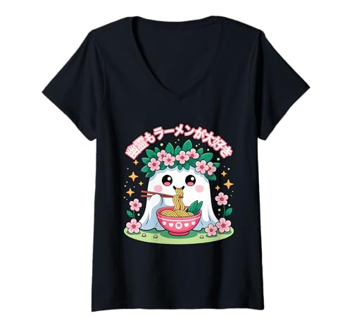 Damen Begeisterter Blumengeist Halloween Kawaii Ramen T-Shirt mit V-Ausschnitt von Spooky Noodle Spirit