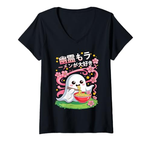 Damen Kawaii Ghost Ramen Enthusiast Floral Halloween Spirit T-Shirt mit V-Ausschnitt von Spooky Noodle Spirit