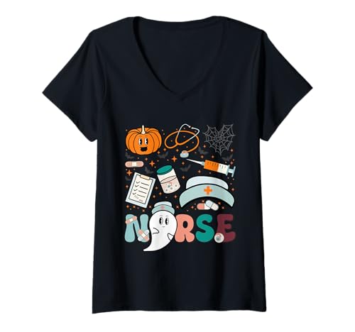 Damen Lustiges Halloween-Krankenschwester-Geist, gruseliges medizinisches Design T-Shirt mit V-Ausschnitt Damen Lustiges Halloween-Krankenschwester-Geist, gruseliges medizinisches Design T-Shirt mit V-Ausschnitt von Spooky Nurse Halloween Ghosts
