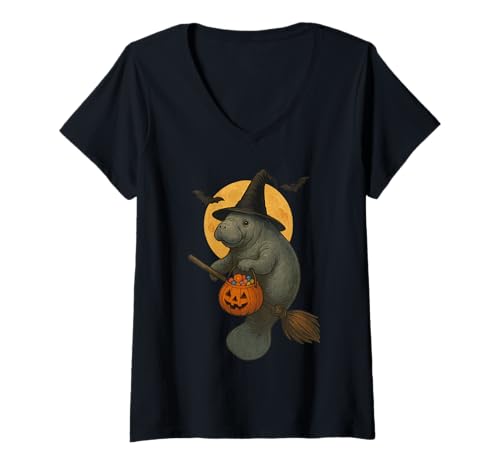 Damen Süße Halloween Seekuh Hexe mit Kürbis T-Shirt mit V-Ausschnitt Damen Süße Halloween Seekuh Hexe mit Kürbis T-Shirt mit V-Ausschnitt von Spooky Ocean Beach Magic Art