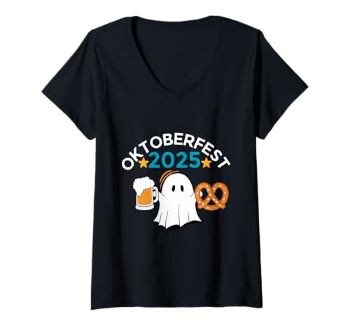 Damen Oktoberfest 2025 Lustig Geist Bier Brezel Halloween Deutsch T-Shirt mit V-Ausschnitt von Spooky Oktoberfest 2025 Ghost Beer Pretzel Apparel