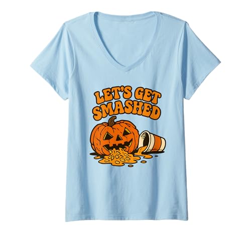 Damen Let's Get Smashed Lustige Halloween Kürbis Jack O Laterne T-Shirt mit V-Ausschnitt von Spooky Party Hard Smashed Pumpkin Humor