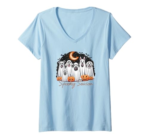 Damen Spooky Season Halloween Hunde mit Kürbissen und Mond T-Shirt mit V-Ausschnitt von Spooky Paws Designs