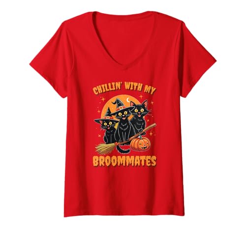 Damen Chilling mit Meinen Broommates Funny Halloween Cat Mom T-Shirt mit V-Ausschnitt Damen Chilling mit Meinen Broommates Funny Halloween Cat Mom T-Shirt mit V-Ausschnitt von Spooky Paws & Kitty Lovers Halloween Design