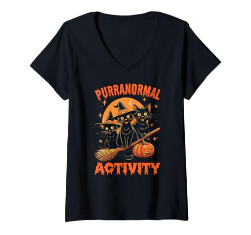 Damen Purranormale Aktivität lustige Halloween Cat Mom T-Shirt mit V-Ausschnitt von Spooky Paws & Kitty Lovers Halloween Pyjama