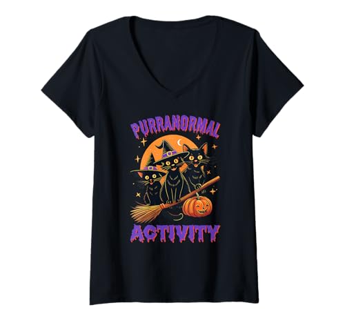 Damen Purranormale Aktivität lustige Halloween Cat Mom T-Shirt mit V-Ausschnitt von Spooky Paws & Kitty Lovers Halloween Pyjama