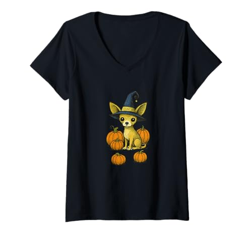 Damen Halloween Chihuahua Hexe mit Kürbissen Herbstzauber T-Shirt mit V-Ausschnitt Damen Halloween Chihuahua Hexe mit Kürbissen Herbstzauber T-Shirt mit V-Ausschnitt von Spooky Pawtumn Charms