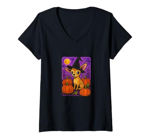 Damen Halloween Chihuahua Hexe mit Kürbissen Herbstzauber T-Shirt mit V-Ausschnitt von Spooky Pawtumns Charm