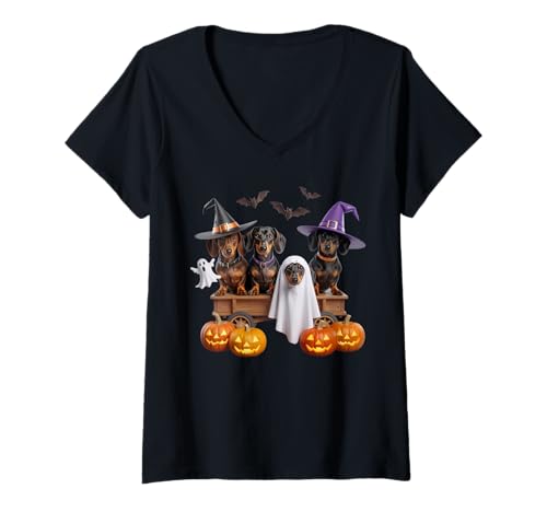 Damen Halloween Dackel Hexenhüte Geist Kostüm Niedliche Hunde T-Shirt mit V-Ausschnitt von Spooky Pet Costumes