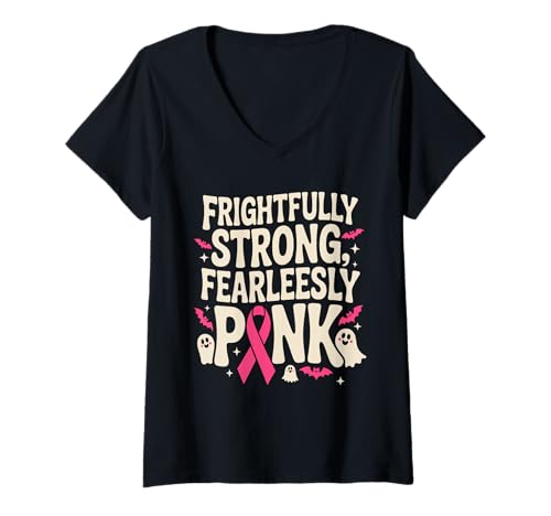 Damen Brustkrebs Awareness Halloween Pink Mutig T-Shirt mit V-Ausschnitt Damen Brustkrebs Awareness Halloween Pink Mutig T-Shirt mit V-Ausschnitt von Spooky Pink Awareness Support