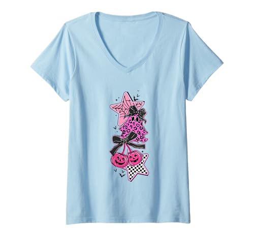 Damen Rosa Leopard Ghost Web Stars Schleifen Halloween T-Shirt mit V-Ausschnitt von Spooky Pink Halloween Ghost Stars Bows