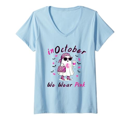 Damen in October We Wear Pink Halloween Pink Leopard Breast Cancer T-Shirt mit V-Ausschnitt Damen in October We Wear Pink Halloween Pink Leopard Breast Cancer T-Shirt mit V-Ausschnitt von Spooky Pink Vibes Apparel