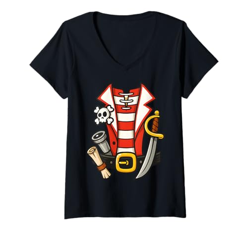 Damen Schlichtes Piratenkostüm Schatzkarte Schwertfunt T-Shirt mit V-Ausschnitt Damen Schlichtes Piratenkostüm Schatzkarte Schwertfunt T-Shirt mit V-Ausschnitt von Spooky Pirate Easy Halloween Party Costume Design