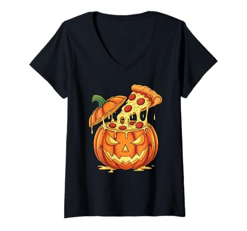 Damen Gruselige Pizza Kürbis geschmolzener Käse Horror Halloween Kostüm T-Shirt mit V-Ausschnitt Damen Gruselige Pizza Kürbis geschmolzener Käse Horror Halloween Kostüm T-Shirt mit V-Ausschnitt von Spooky Pizza Parade Halloween Horror Apparel