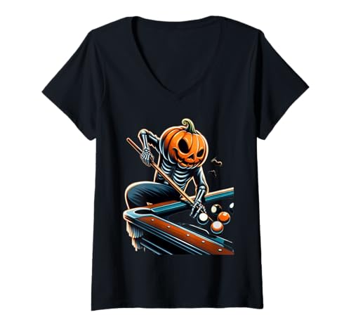 Damen Lustiger Halloween-Billard-Skelett-Kürbis T-Shirt mit V-Ausschnitt von Spooky Pool Player Pumpkin Skeleton Halloween