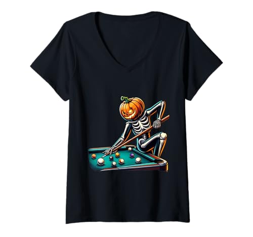 Damen Lustiger Halloween-Billard-Skelett-Kürbis T-Shirt mit V-Ausschnitt Damen Lustiger Halloween-Billard-Skelett-Kürbis T-Shirt mit V-Ausschnitt von Spooky Pool Player Pumpkin Skeleton Halloween