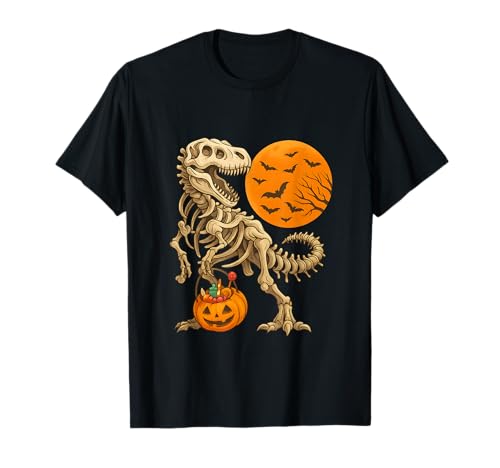 Halloween Jungen Dinosaurier Skelett T Rex Gruseliger Kürbis Mond T-Shirt von Spooky Prehistoric Tees