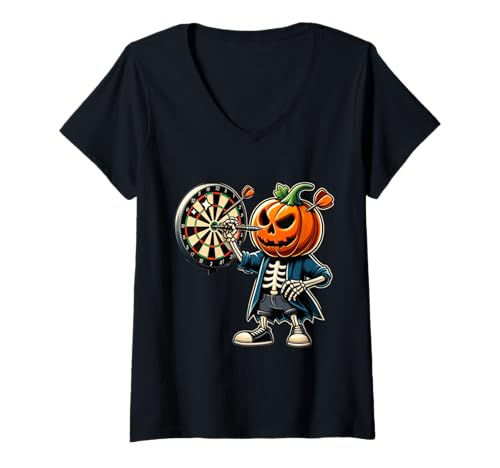 Damen Lustiger Halloween-Dartspieler-Skelett-Kürbis T-Shirt mit V-Ausschnitt Damen Lustiger Halloween-Dartspieler-Skelett-Kürbis T-Shirt mit V-Ausschnitt von Spooky Pumpkin Dart Skeleton Funny Halloween