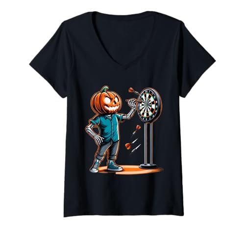 Damen Lustiger Halloween-Dartspieler-Skelett-Kürbis T-Shirt mit V-Ausschnitt Damen Lustiger Halloween-Dartspieler-Skelett-Kürbis T-Shirt mit V-Ausschnitt von Spooky Pumpkin Dart Skeleton Funny Halloween
