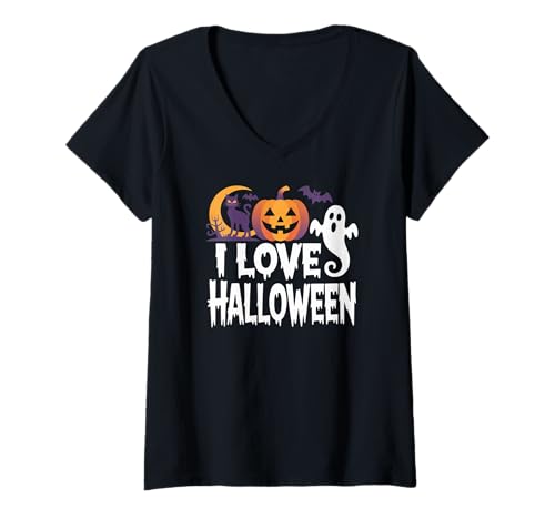 Damen I Love Halloween Ghost Kürbis Katze Mond T-Shirt mit V-Ausschnitt Damen I Love Halloween Ghost Kürbis Katze Mond T-Shirt mit V-Ausschnitt von Spooky Pumpkin Ghost Moon Cat Bat Night