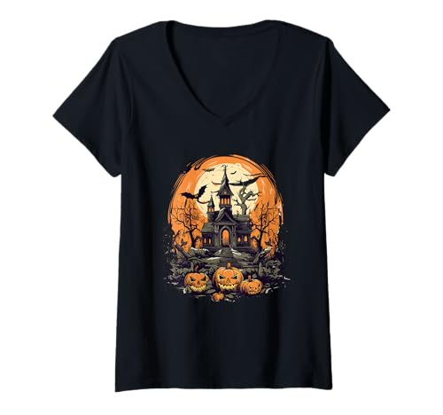 Damen Halloween-Haus und Kürbis T-Shirt mit V-Ausschnitt Damen Halloween-Haus und Kürbis T-Shirt mit V-Ausschnitt von Spooky Pumpkin Night Designs