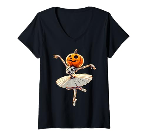 Damen Kürbis Skelett Ballerina Lustiges Halloween Ballett T-Shirt mit V-Ausschnitt Damen Kürbis Skelett Ballerina Lustiges Halloween Ballett T-Shirt mit V-Ausschnitt von Spooky Pumpkin Skeleton Ballet Dancer Halloween