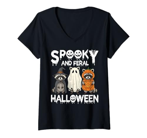 Damen Gruseliges Waschbär Shirt Geist Kürbis Hexe Feral Lustig T-Shirt mit V-Ausschnitt Damen Gruseliges Waschbär Shirt Geist Kürbis Hexe Feral Lustig T-Shirt mit V-Ausschnitt von Spooky Raccoon Tee Shirts for Funny Halloween