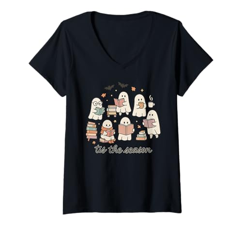 Damen Tis The Season Ghost Readers Cute Halloween Bookish T-Shirt mit V-Ausschnitt von Spooky Reader Society Co.