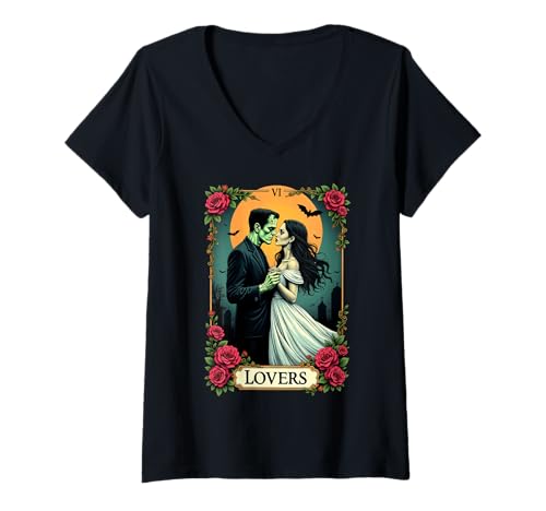 Damen Retro -Liebhaber Frankenstein Halloween Tanz Nacht T-Shirt mit V-Ausschnitt von Spooky Retro Frankenstein Lovers Halloween Art
