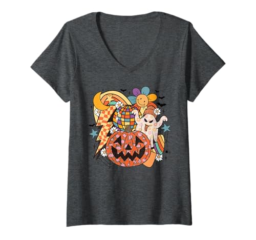 Damen Retro Halloween Ghost Disco Kürbis Gänseblümchen Regenbogen Groovy Fun T-Shirt mit V-Ausschnitt Damen Retro Halloween Ghost Disco Kürbis Gänseblümchen Regenbogen Groovy Fun T-Shirt mit V-Ausschnitt von Spooky Retro Groovy Aesthetic Halloween Tee Co