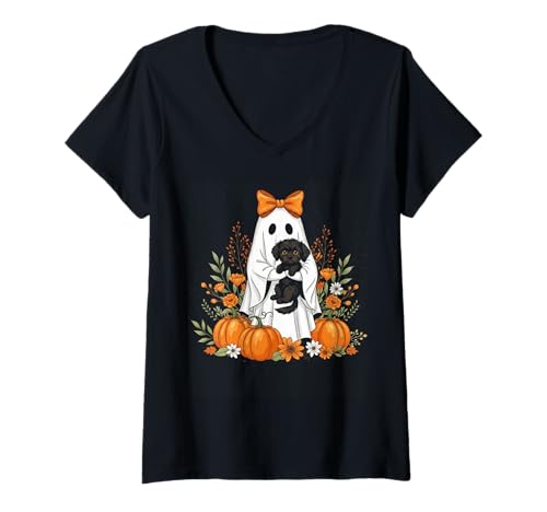Damen Halloween Geist und Skelett Hund Floral Gruselige Geister Goth T-Shirt mit V-Ausschnitt Damen Halloween Geist und Skelett Hund Floral Gruselige Geister Goth T-Shirt mit V-Ausschnitt von Spooky Retro Halloween Costume Groovy Ghost