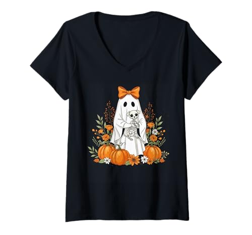 Damen Halloween Geist und Skelett Hund Floral Gruselige Geister Goth T-Shirt mit V-Ausschnitt Damen Halloween Geist und Skelett Hund Floral Gruselige Geister Goth T-Shirt mit V-Ausschnitt von Spooky Retro Halloween Costume Groovy Ghost