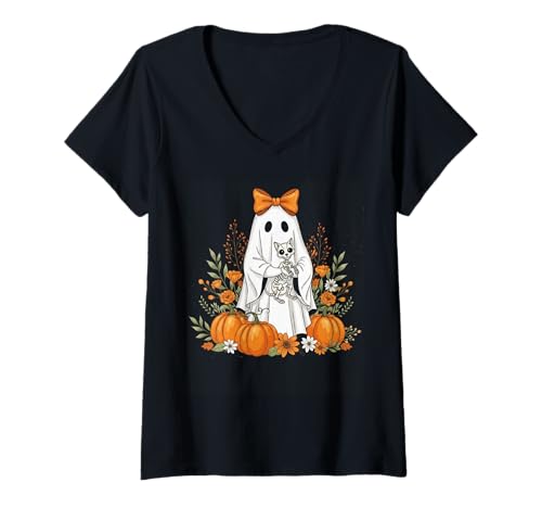 Damen Halloween Geist und Skelett Katze Floral Gruselige Geister Goth T-Shirt mit V-Ausschnitt von Spooky Retro Halloween Costume Groovy Ghost