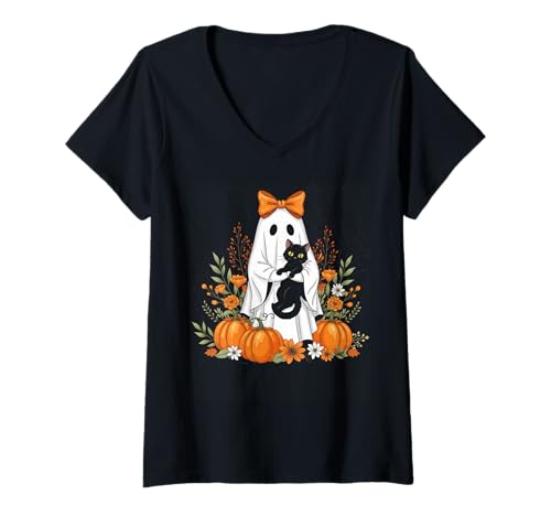 Damen Retro Halloween Katze Geist Floral Gruselige Geister Goth Vintage T-Shirt mit V-Ausschnitt Damen Retro Halloween Katze Geist Floral Gruselige Geister Goth Vintage T-Shirt mit V-Ausschnitt von Spooky Retro Halloween Costume Groovy Ghost