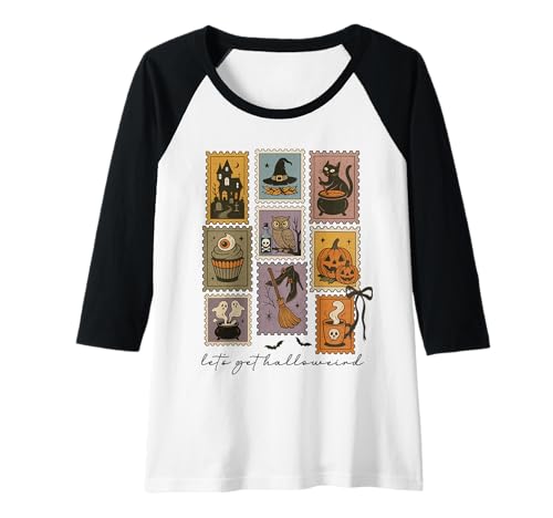 Damen Retro Halloween Stempel Spukhaus Geist Kürbis Hexe Katze Raglan von Spooky Retro Halloween Graphic Tees for Everyone