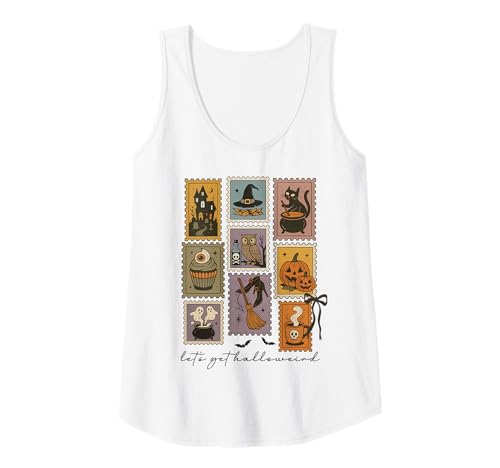 Damen Retro Halloween Stempel Spukhaus Geist Kürbis Hexe Katze Tank Top von Spooky Retro Halloween Graphic Tees for Everyone