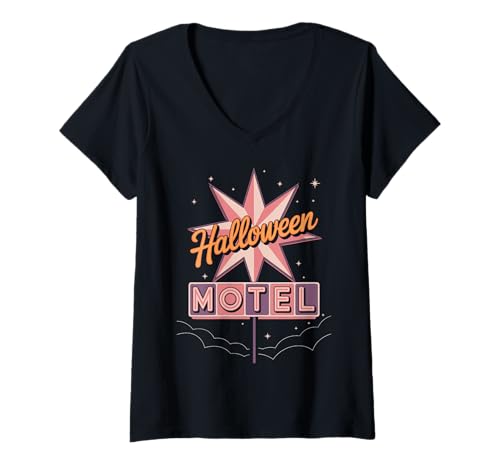 Damen Halloween Motel Retro Sign Art T-Shirt mit V-Ausschnitt Damen Halloween Motel Retro Sign Art T-Shirt mit V-Ausschnitt von Spooky Retro Halloween Motel