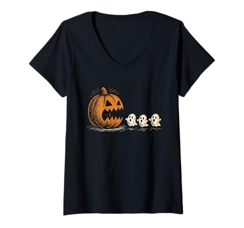 Damen Halloween Kürbis Geister Retro Gruselige Jahreszeit Vintage T-Shirt mit V-Ausschnitt Damen Halloween Kürbis Geister Retro Gruselige Jahreszeit Vintage T-Shirt mit V-Ausschnitt von Spooky Retro Halloween Pumpkin Ghosts Art