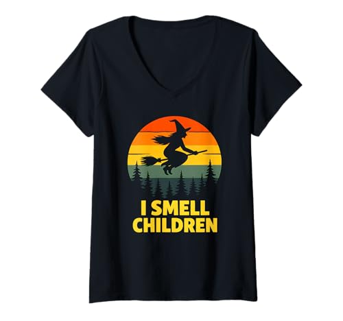 Damen Ich rieche Kinderhexe Halloween Lustiger Vintage-Sonnenuntergang T-Shirt mit V-Ausschnitt Damen Ich rieche Kinderhexe Halloween Lustiger Vintage-Sonnenuntergang T-Shirt mit V-Ausschnitt von Spooky Retro Halloween Witch Funny Saying Vibes