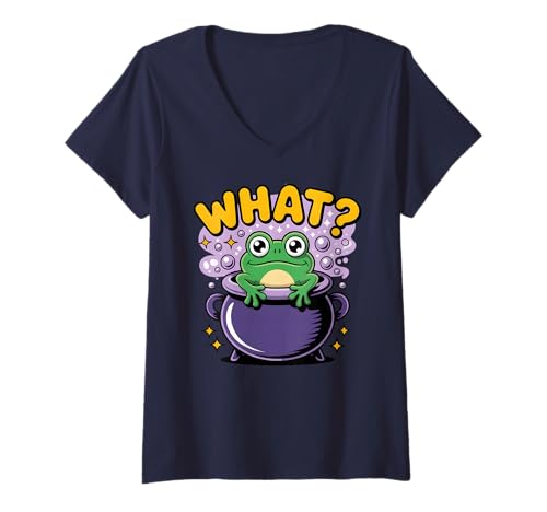 Damen Lustiger Frosch Halloween Kessel Hexe dunkler Humor T-Shirt mit V-Ausschnitt von Spooky Sarcasm Vibes Creepy Frog Witch Humor