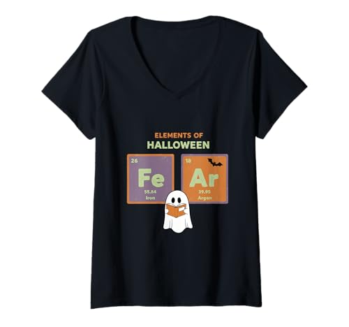 Damen Angst Ghost Chemie Pun Halloween Naturwissenschaftslehrer T-Shirt mit V-Ausschnitt Damen Angst Ghost Chemie Pun Halloween Naturwissenschaftslehrer T-Shirt mit V-Ausschnitt von Spooky Science Collective
