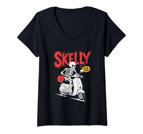 Damen Skelett Reitscooter mit Kürbislaterne Lustig Halloween T-Shirt mit V-Ausschnitt von Spooky Scooter Co