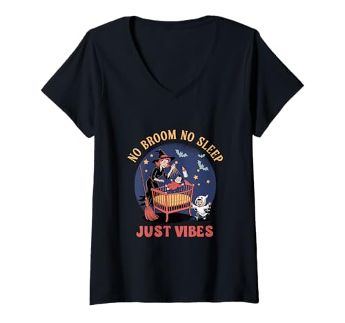 Damen Kein Besen, kein Schlaf, nur Vibes, Junge Mutter, Halloween-Hexe T-Shirt mit V-Ausschnitt von Spooky Season Apparel Young Moms Families Mothers