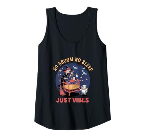 Damen Kein Besen, kein Schlaf, nur Vibes, Junge Mutter, Halloween-Hexe Tank Top von Spooky Season Apparel Young Moms Families Mothers